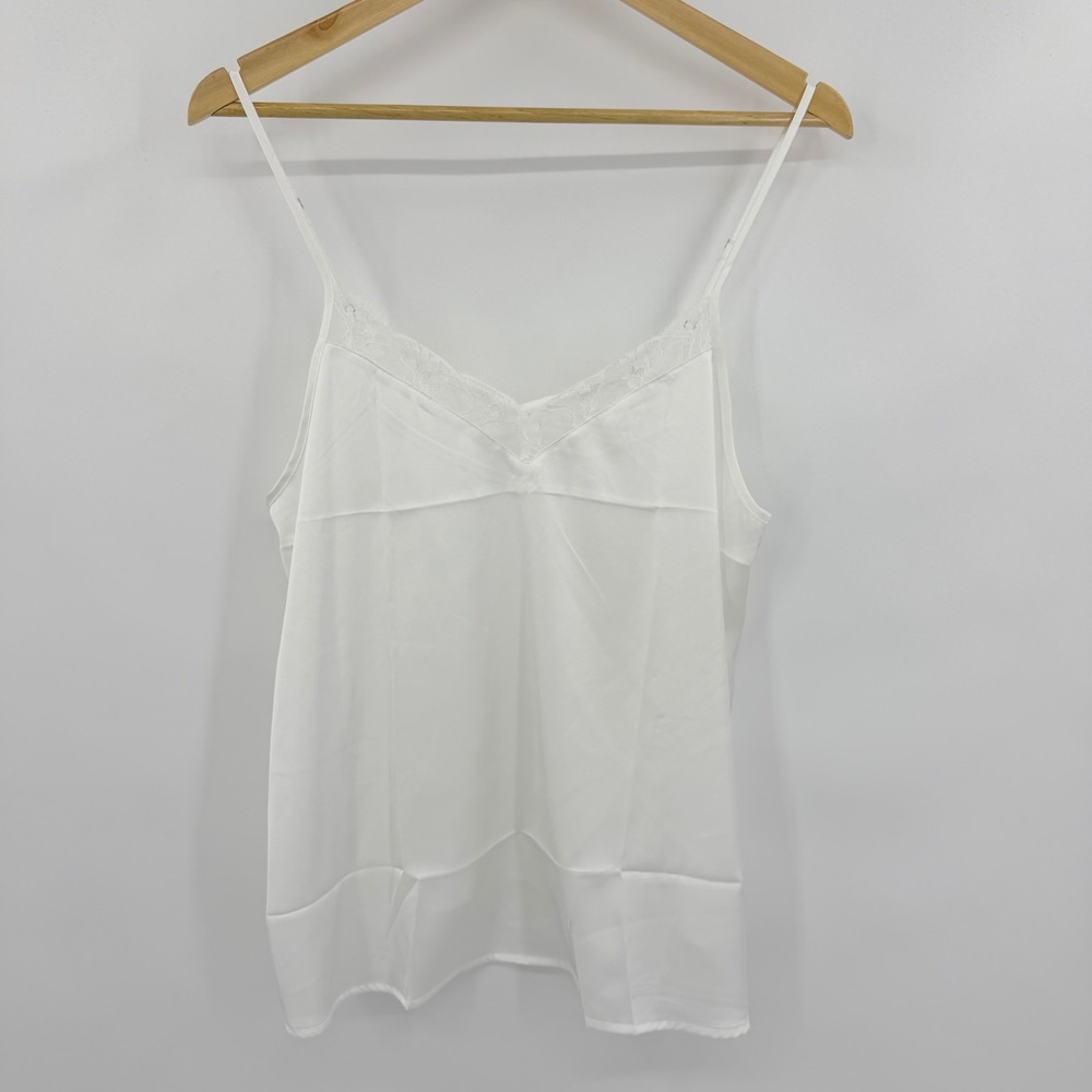 Ekouaer Satin Camisole Women Large White Lace Trim V-Neck Adjustable Straps